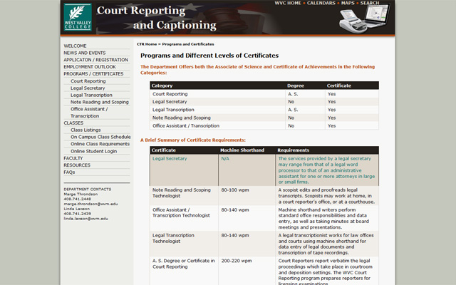 West Valley College Court Reporting and Related Technology Department Site Design  2